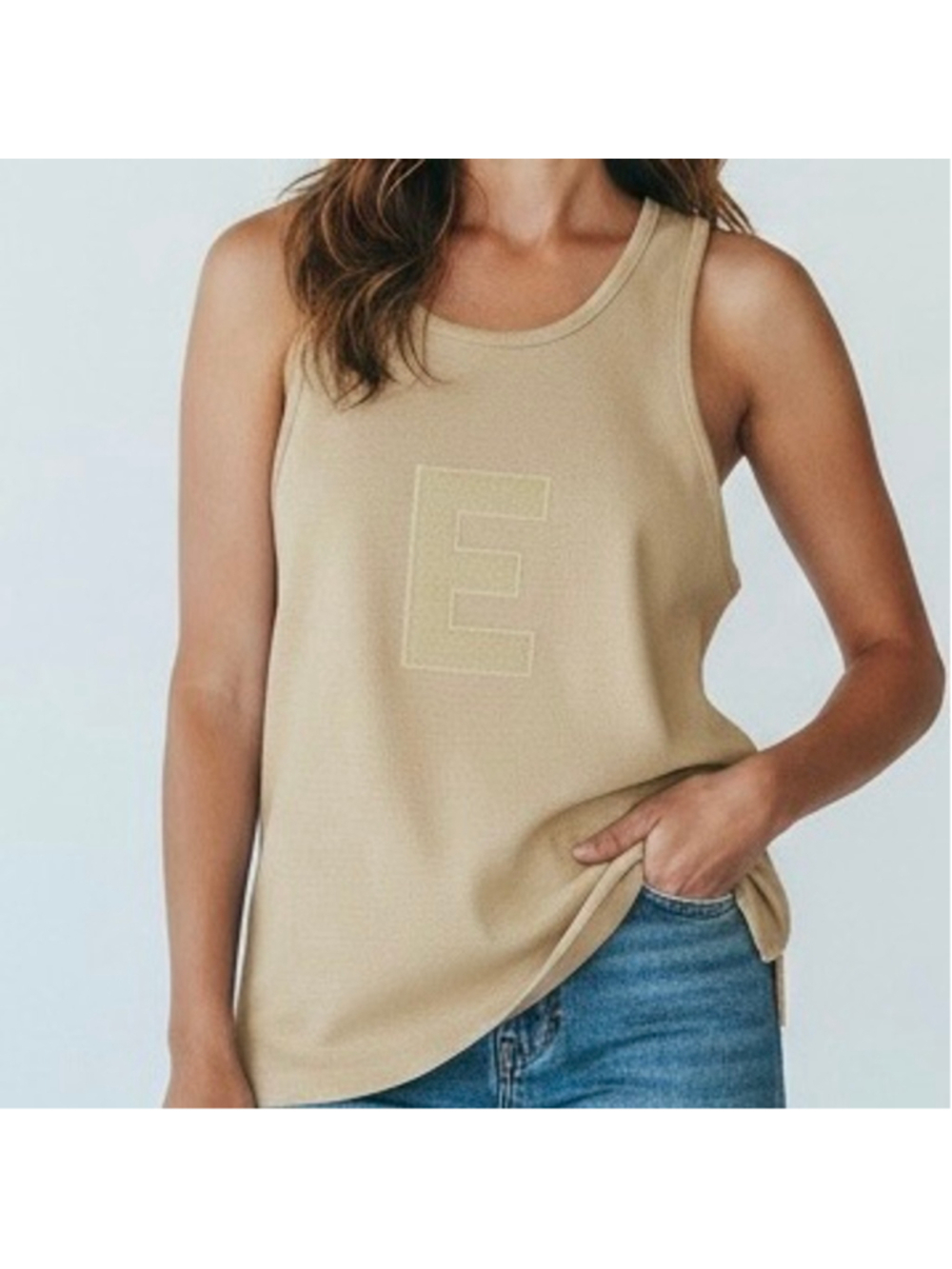 Size M Fear of God Essentials Embroidered “E” Tan Knit Cotton Blend Tank